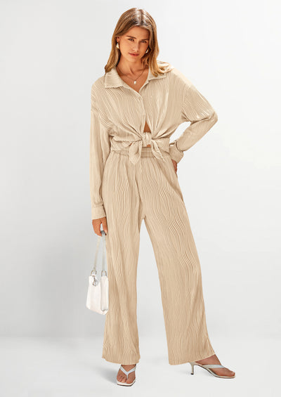 PRETTYGARDEN 2 Piece Textured Sets Casual Button Down Shirt Wide Leg Pants Outfit Loungewear Tracksuit