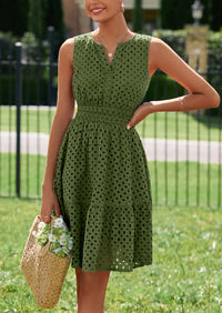 PRETTYGARDEN Women's Summer Dresses Sleeveless V Neck Eyelet Hollow Out Swing A Line Beach Vacation Sun Dress