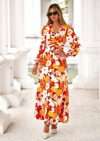 PRETTYGARDEN Women's Fall Boho Maxi Dress Floral Long Sleeve V Neck Flowy Belted Elegant Holiday Party Dresses