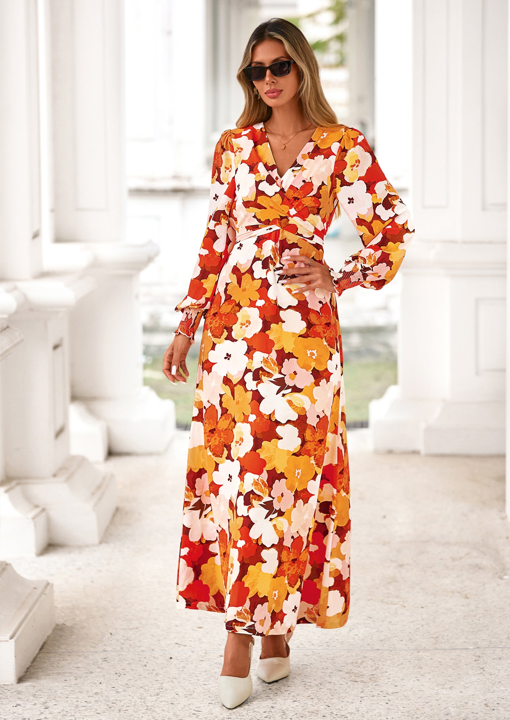 PRETTYGARDEN Women's Fall Boho Maxi Dress Floral Long Sleeve V Neck Flowy Belted Elegant Holiday Party Dresses