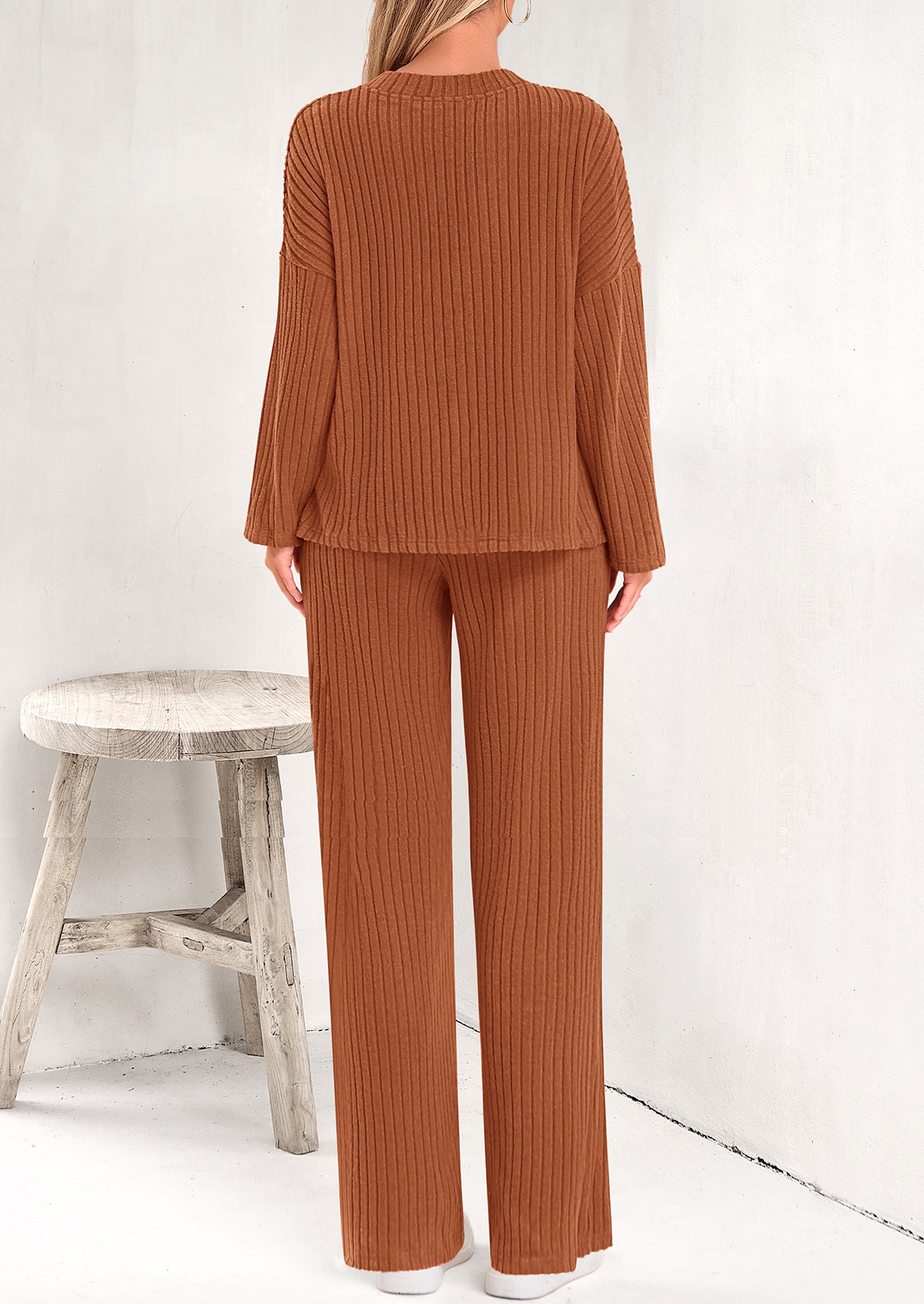 PRETTYGARDEN Women's 2 Piece Lounge Sets Ribbed Knit Long Sleeve V Neck Pullover Tops Wide Leg Pants Spring Fall Outfits