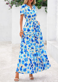 Summer Boho Floral Short Sleeve V Neck A Line Tiered Ruffle Flowy Long Beach Vacation Maxi Dresses