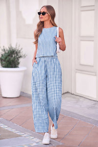 PRETTYGARDEN Womens 2 Piece Sets Summer Plaid Sleeveless Tops Wide Leg Pants Matching Lounge Set Beach Vacation Outfits