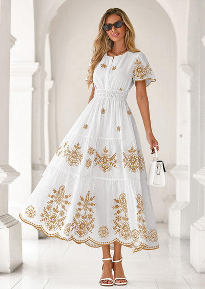 PRETTYGARDEN Boho Dresses for Women Summer Spring Casual Floral Short Sleeve V Neck Maxi Elastic Waist Dress Pockets PRETTYGARDEN