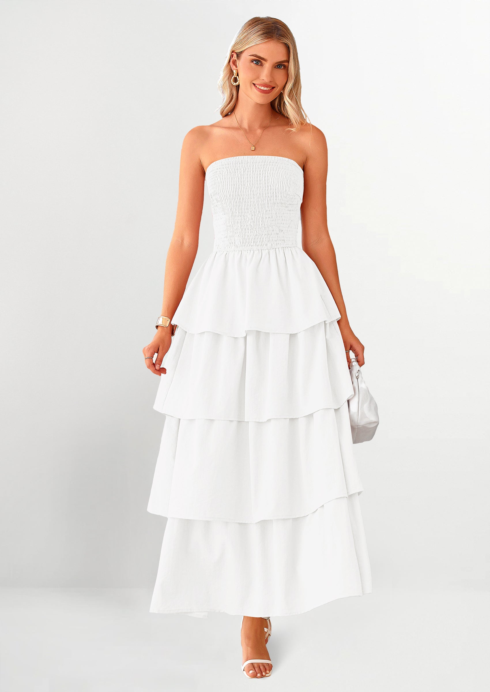 PRETTYGARDEN Maxi Dresses for Women Off Shoulder Smocked Tiered Ruffle Long Flowy Wedding Guest Dress