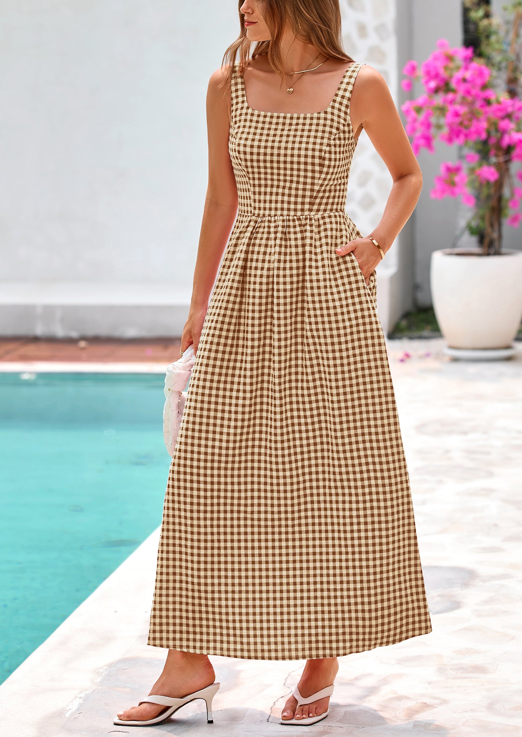 PRETTYGARDEN Women's Summer Spaghetti Strap Maxi Dresses Plaid Square Neck A Line Casual Beach Vacation Long Sundress