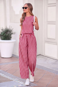 PRETTYGARDEN Womens 2 Piece Sets Summer Plaid Sleeveless Tops Wide Leg Pants Matching Lounge Set Beach Vacation Outfits
