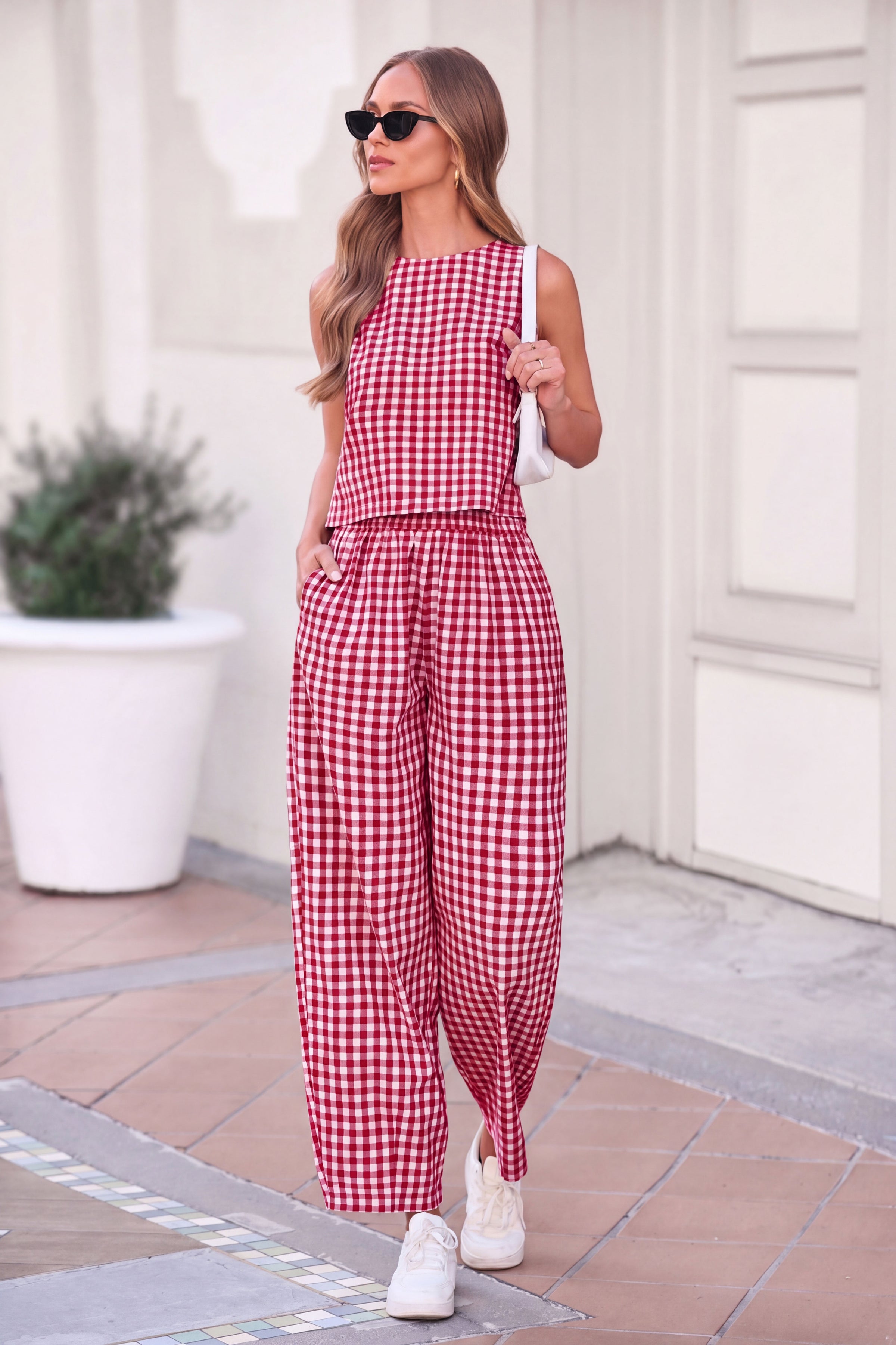 PRETTYGARDEN Womens 2 Piece Sets Summer Plaid Sleeveless Tops Wide Leg Pants Matching Lounge Set Beach Vacation Outfits
