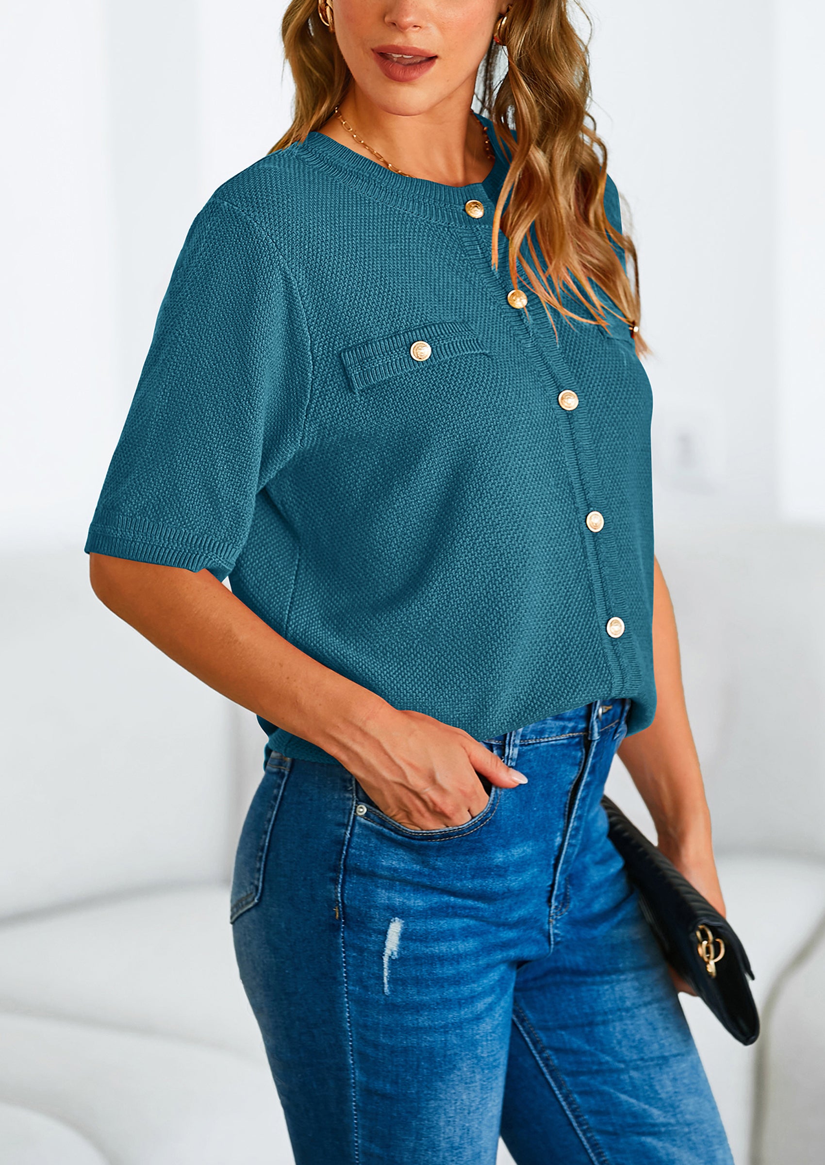 PRETTYGARDEN Women's Summer Button Down Shirts Casual Short Sleeve Crew Neck Ribbed Knit Blouse Top Cardigans