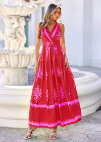 PRETTYGARDEN Womens Floral Maxi Dress Sleeveless Vneck Belt Ruffle Long Dresses Boho Summer Beach Vacation Clothes