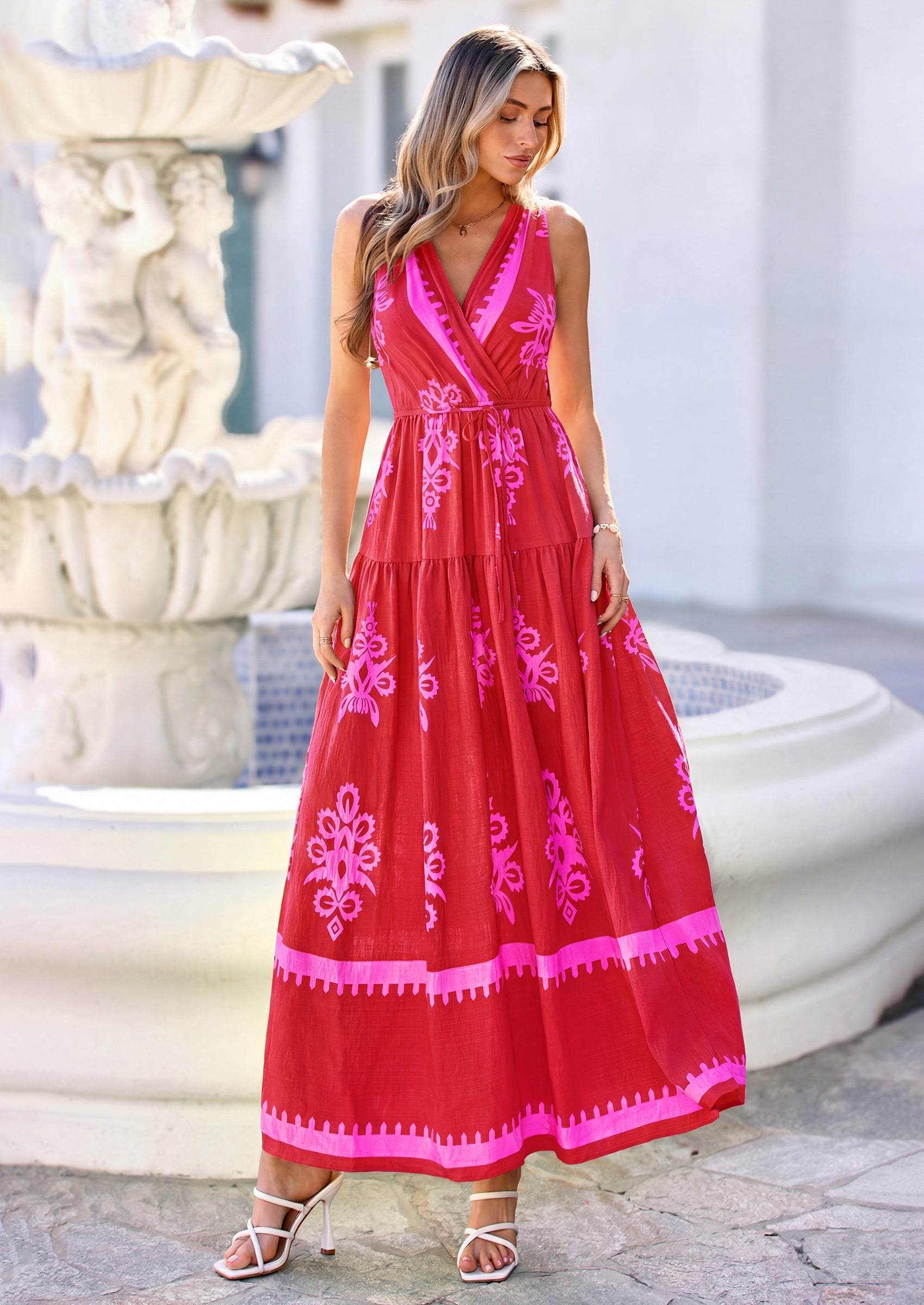 PRETTYGARDEN Womens Floral Maxi Dress Sleeveless Vneck Belt Ruffle Long Dresses Boho Summer Beach Vacation Clothes