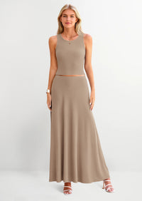 PRETTYGARDEN 2 Piece Maxi Skirt Sets Casual Knit Cropped Tank Top High Waisted Long Skirts Outfit