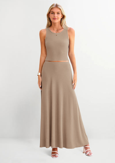 PRETTYGARDEN 2 Piece Maxi Skirt Sets Casual Knit Cropped Tank Top High Waisted Long Skirts Outfit