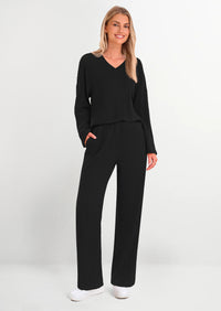 PRETTYGARDEN Women's 2 Piece Lounge Sets Ribbed Knit Long Sleeve V Neck Pullover Tops Wide Leg Pants Spring Fall Outfits