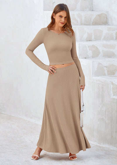 PRETTYGARDEN 2 Piece Casual Ribbed Knit Long Sleeve Crop Tops Maxi Flowy Skirts Matching Sets