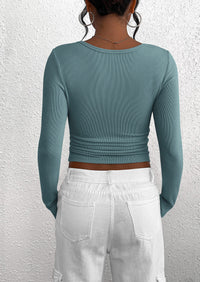 BTFBM Women Long Sleeve Shirts Fall Tops V Neck Button Up Slim Fit Ribbed Knit Solid Color Casual Shirts