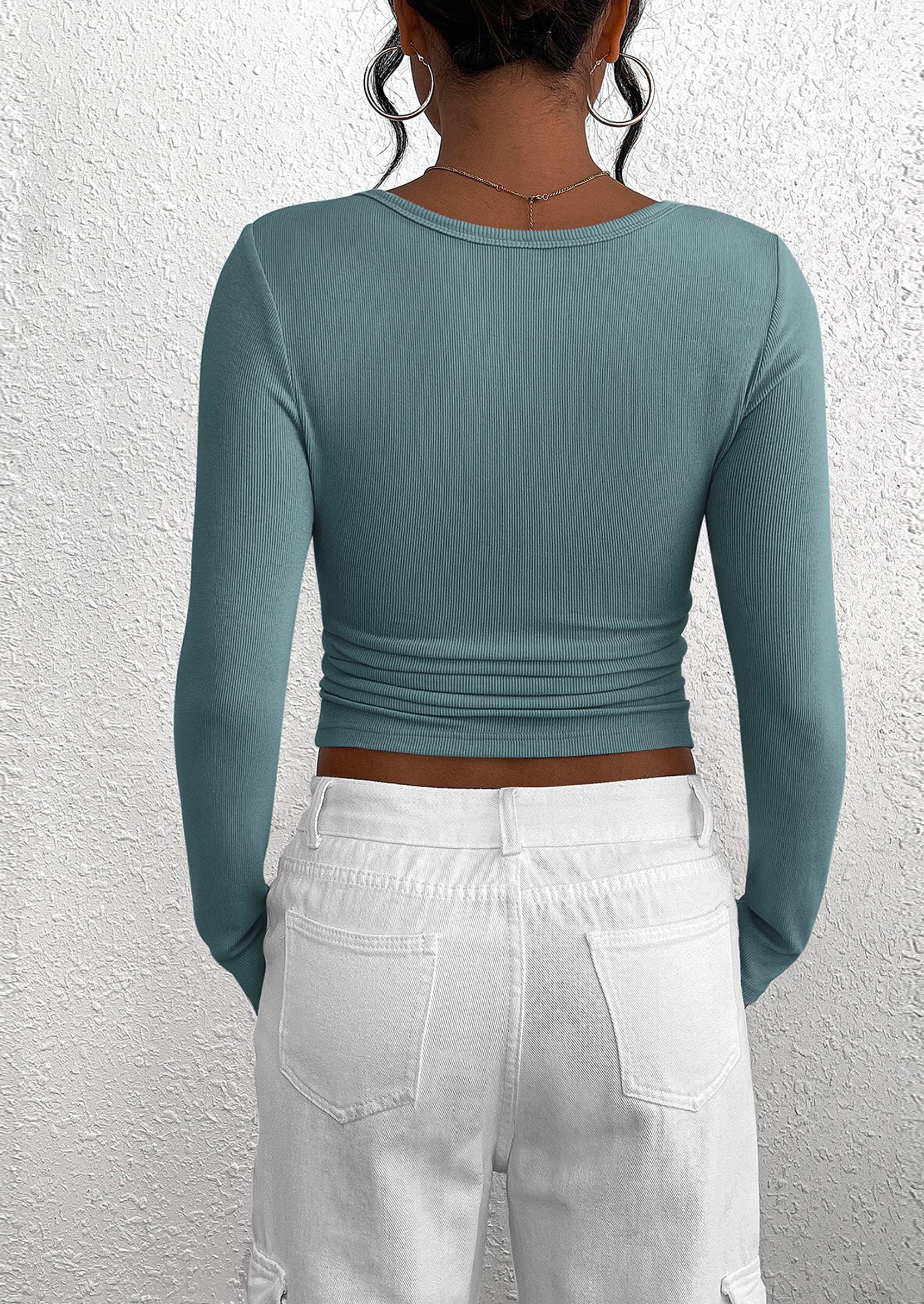 BTFBM Women Long Sleeve Shirts Fall Tops V Neck Button Up Slim Fit Ribbed Knit Solid Color Casual Shirts