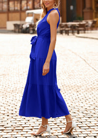 PRETTYGARDEN Women's Summer Floral Maxi Sun Dress Sleeveless Halter Neck Flowy Ruffle Hem Long Boho Dresses with Belt