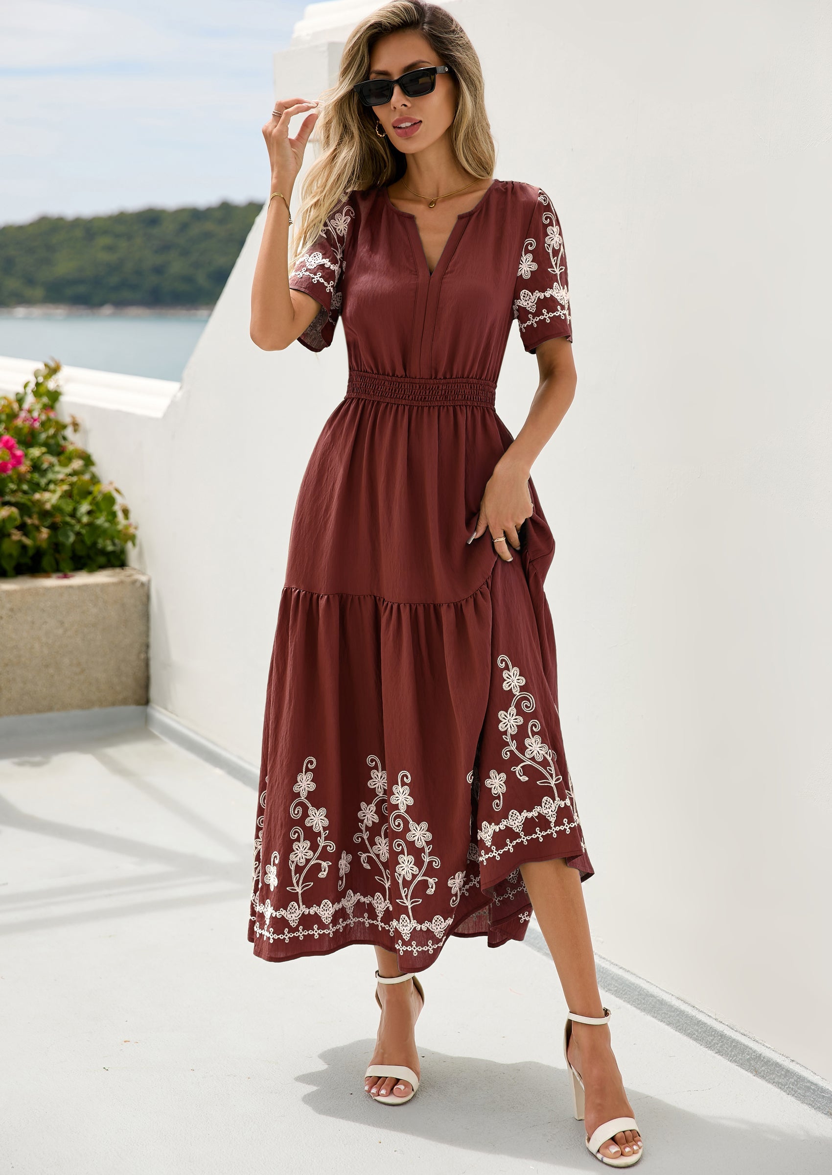 PRETTYGARDEN Women's Summer Boho Maxi Dress Spring Floral Short Sleeve V Neck A Line Flowy Beach Wedding Guest Dresses PRETTYGARDEN