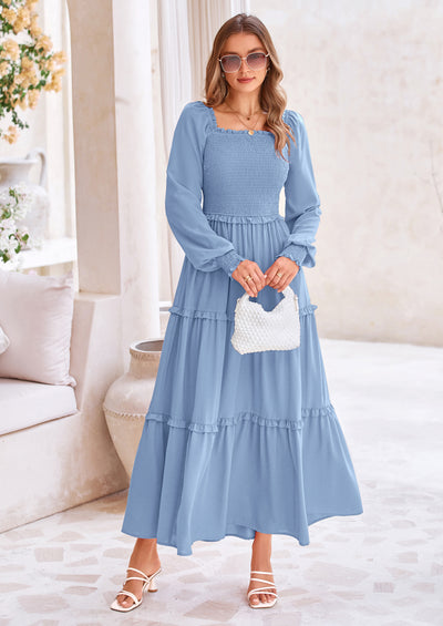 PRETTYGARDEN Fall Wedding Guest Dresses for Women Long Sleeve Square Neck Tiered A Line Modest Elegant Flowy Dresses