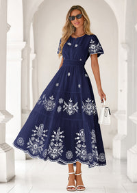 PRETTYGARDEN Boho Dresses for Women Summer Spring Casual Floral Short Sleeve V Neck Maxi Elastic Waist Dress Pockets PRETTYGARDEN