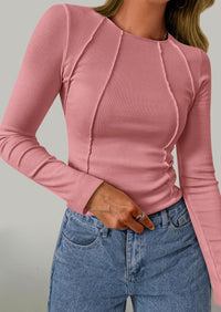 KIRUNDO Ribbed Long Sleeve Tops for Women Stretch Slim Basic Crop Tee Exposed Seams Spring Fall Fashion Trendy Tshirt