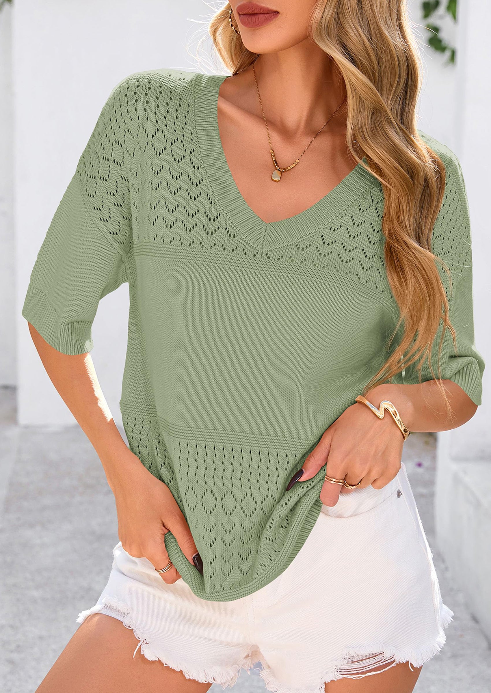 PRETTYGARDEN Women's Short Sleeve Sweater Tops Spring Summer Casual V Neck Ribbed Knit Trendy Eyelet Blouse T Shirts