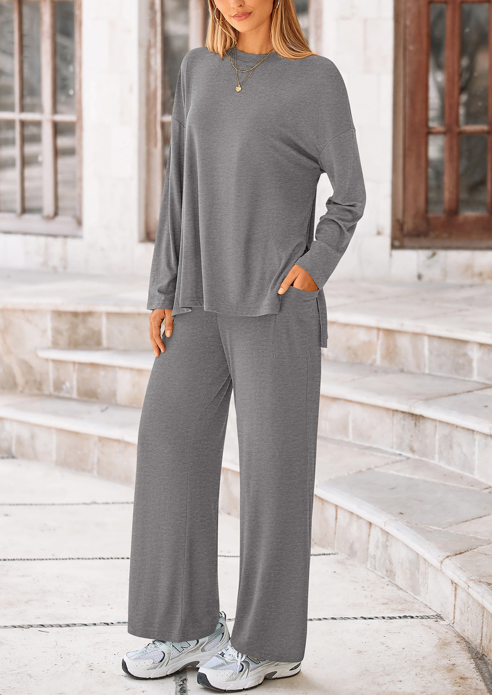 PRETTYGARDEN Women's Two Piece Lounge Sets Matching Long Sleeve Shirts Wide Leg Pants Tracksuits Travel Outfits Fall Clothes