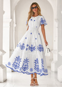 PRETTYGARDEN Boho Dresses for Women Summer Spring Casual Floral Short Sleeve V Neck Maxi Elastic Waist Dress Pockets PRETTYGARDEN