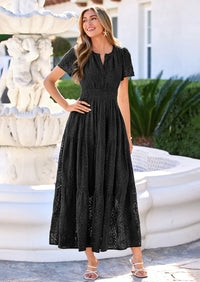 PRETTYGARDEN Womens Boho Maxi Dress Floral Summer Spring Short Sleeve V Neck A Line Embroidered Beach Vacation Dresses