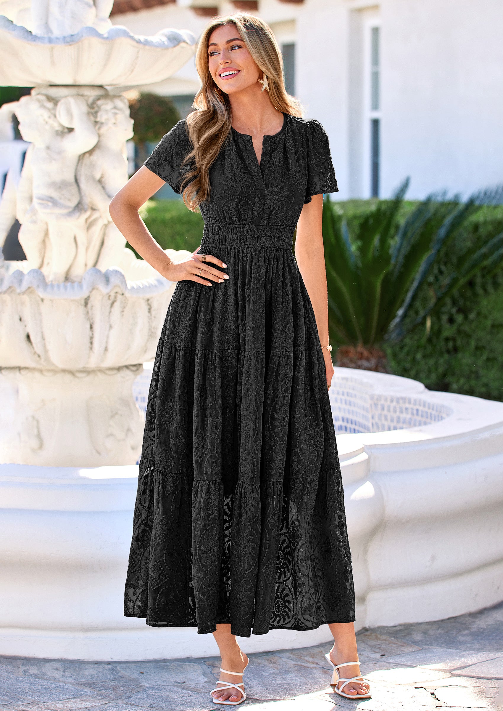 PRETTYGARDEN Womens Boho Maxi Dress Floral Summer Spring Short Sleeve V Neck A Line Embroidered Beach Vacation Dresses