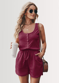 PRETTYGARDEN Casual Shorts Jumpsuit Plain Scoop Neck Button Down Sleeveless Tank Top Rompers