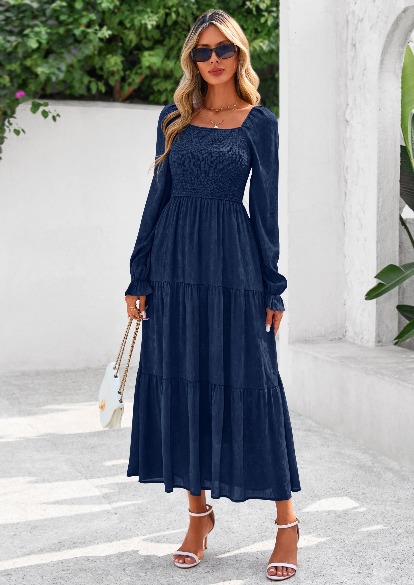 PRETTYGARDEN Fall Wedding Guest Dresses for Women Floral Long Sleeve Smocked Tiered Elegant Long Flowy Boho Dress