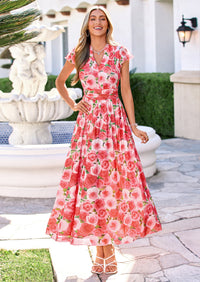 PRETTYGARDEN Womens Summer Maxi Dress V Neck Ruffle Sleeve A Line Floral Cocktail Dresses for Women Beach Vacation Outfits