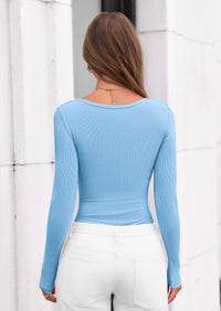 PRETTYGARDEN Bodysuits for Women Fall Long Sleeve Body Suits Scoop Neck Ribbed Knit Fitted Basic Tops Soft Tee Shirts