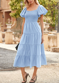 PRETTYGARDEN Women's Summer Casual Midi Dress Puffy Short Sleeve Square Neck Smocked Tiered Ruffle Dresses