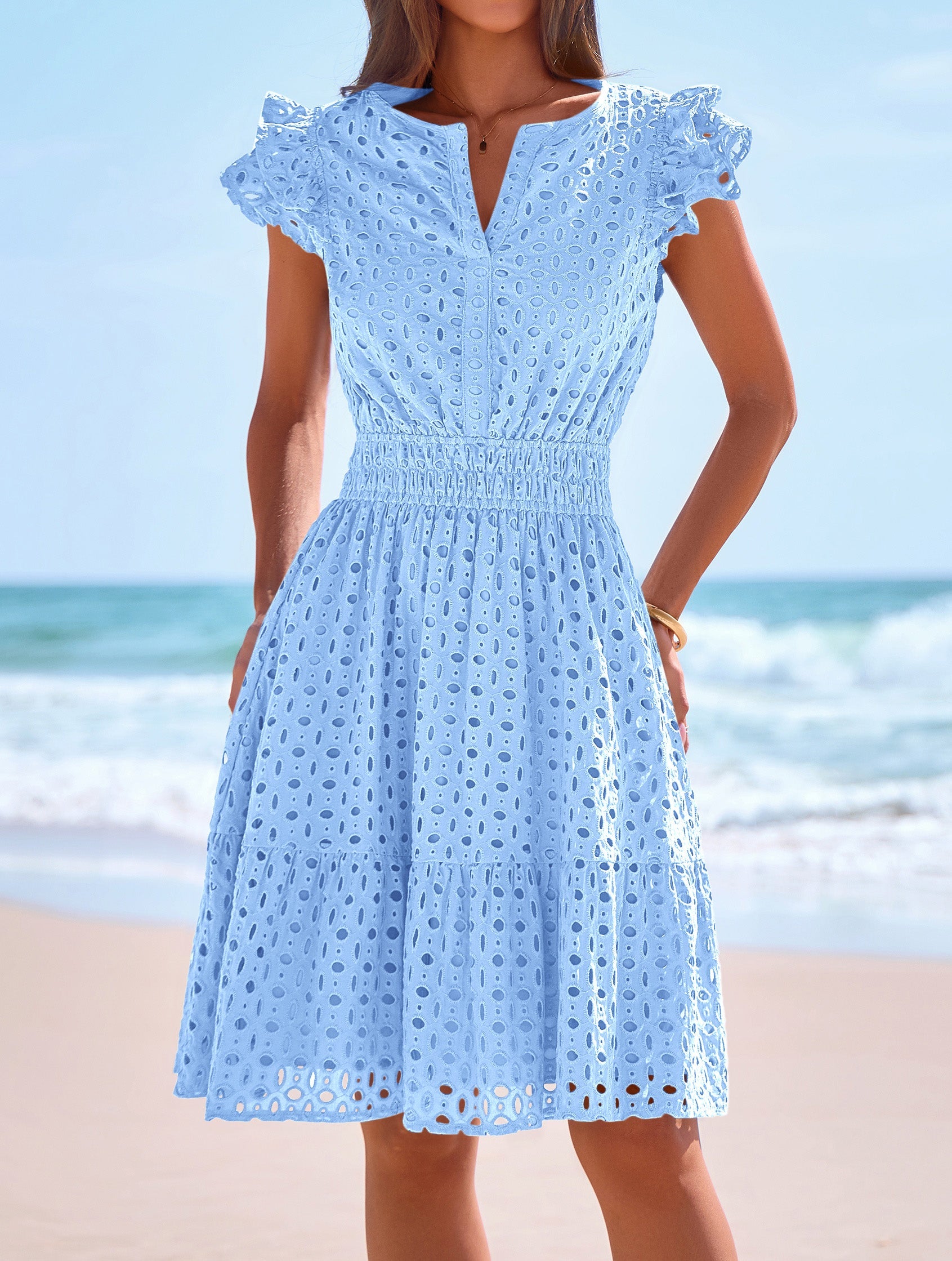 PRETTYGARDEN Women's Summer Sundresses Eyelet Cap Sleeve V Neck Short Boho Wedding Guest Dress Beach Vacation Clothes PRETTYGARDEN