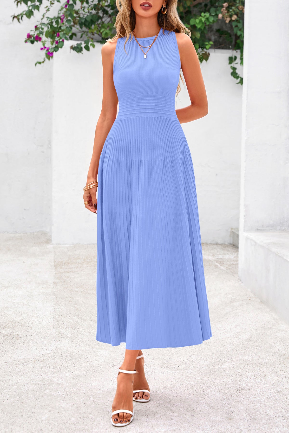 Women's Summer Midi Dresses 2025 Sleeveless Crewneck Knit A Line Pleated Swing Wedding Guest Casual Tank Dress