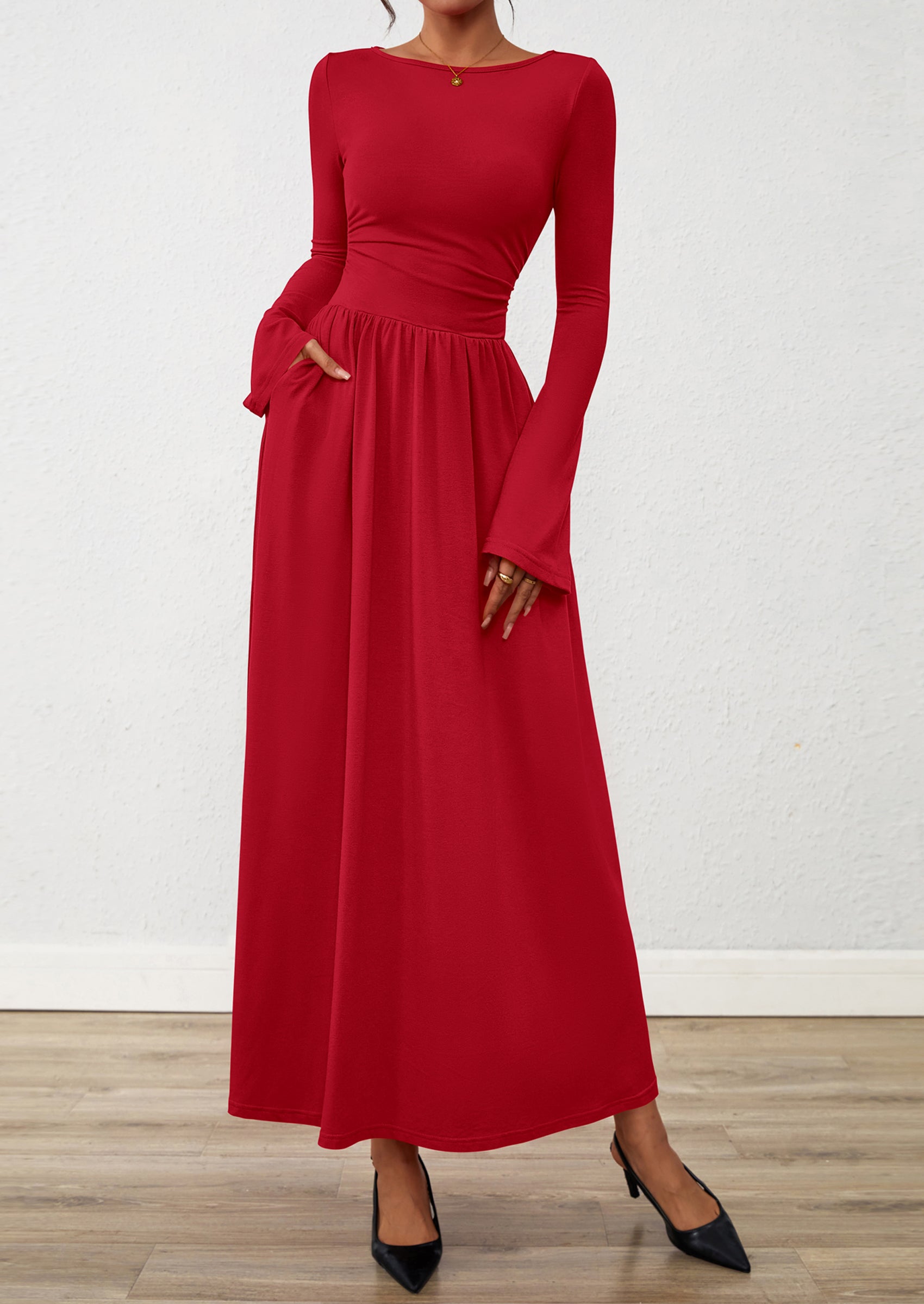 BTFBM Long Sleeve Maxi Dresses for Women Fall Casual Ruched Boat Neck Flowy Elegant Formal Wedding Guest Dress
