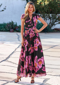 PRETTYGARDEN Womens Summer Maxi Dress V Neck Ruffle Sleeve A Line Floral Cocktail Dresses for Women Beach Vacation Outfits