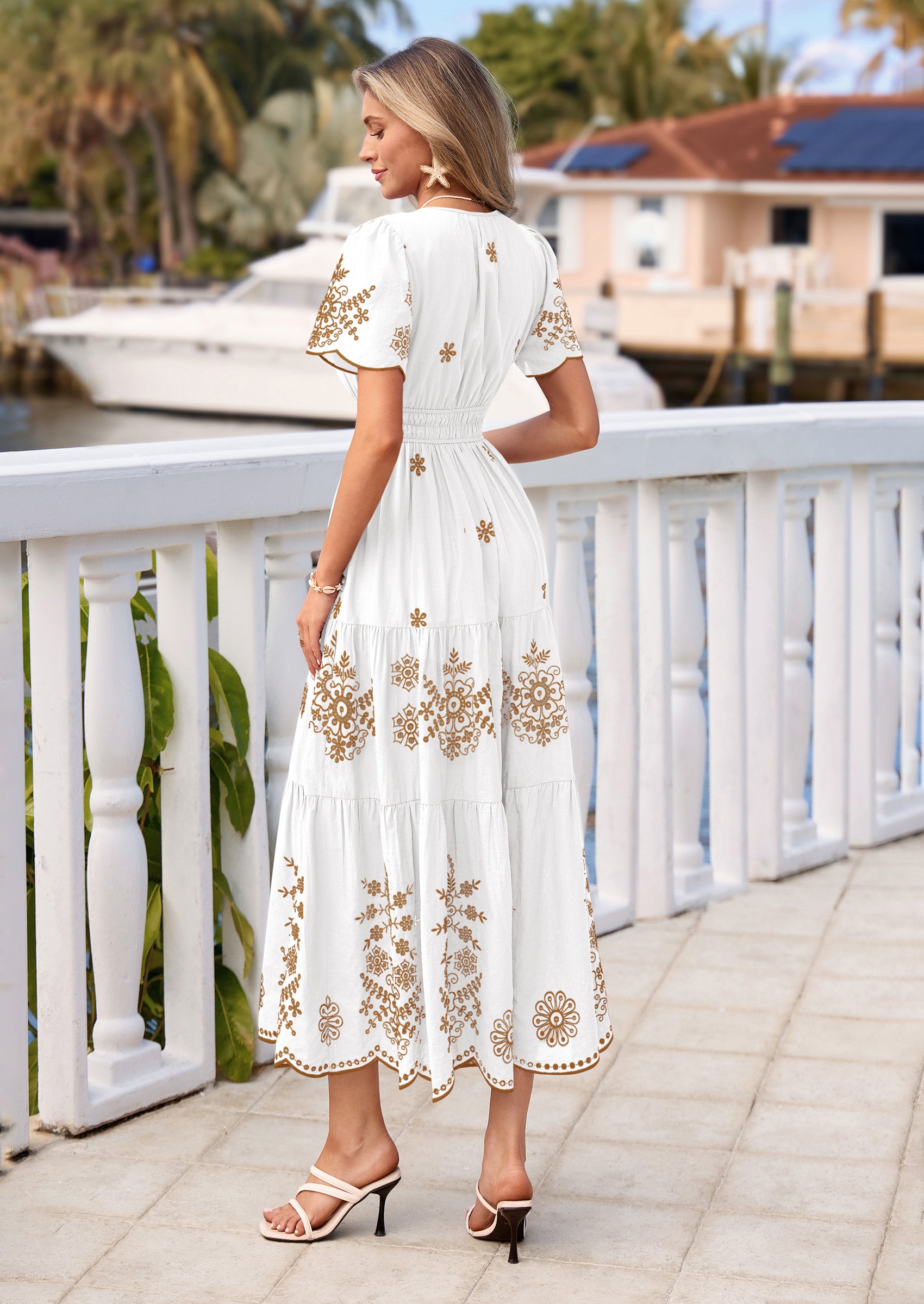 PRETTYGARDEN Boho Dresses for Women Summer Spring Casual Floral Short Sleeve V Neck Maxi Elastic Waist Dress Pockets