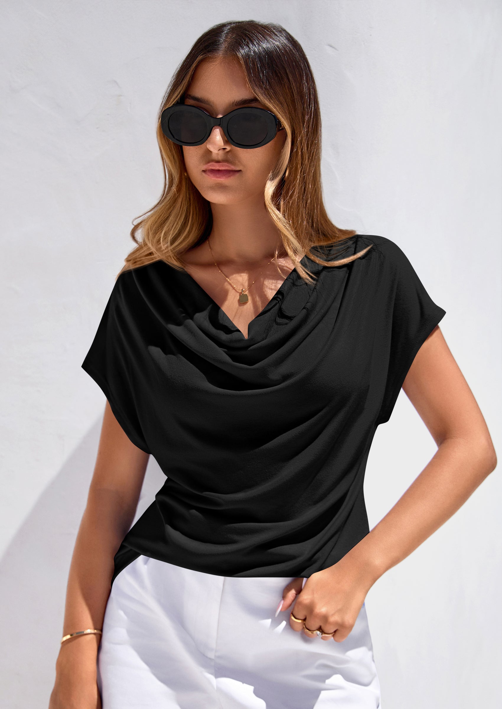 PRETTYGARDEN Blouses for Women Dressy Casual Summer Cowl Neck Short Sleeve Tops Spring Work Office Teacher Shirts PRETTYGARDEN