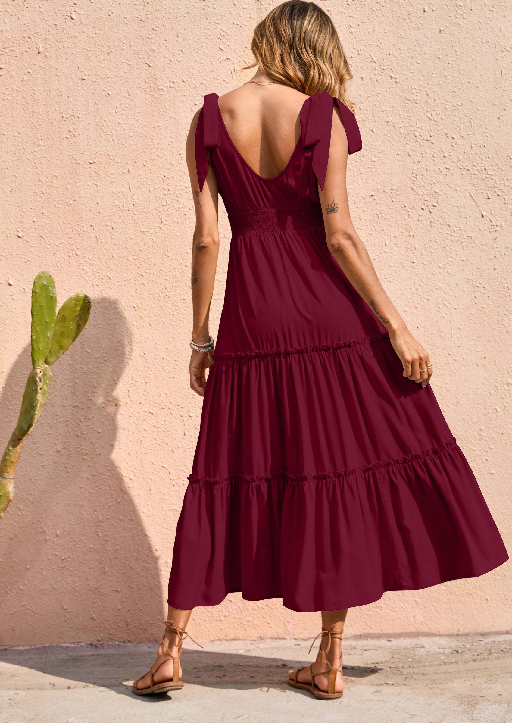 PRETTYGARDEN Women's Cross Neck Spring Sleeveless Tiered Maxi Dress Beach Tie Strap Smocked Long Dresses Pleated Sundress