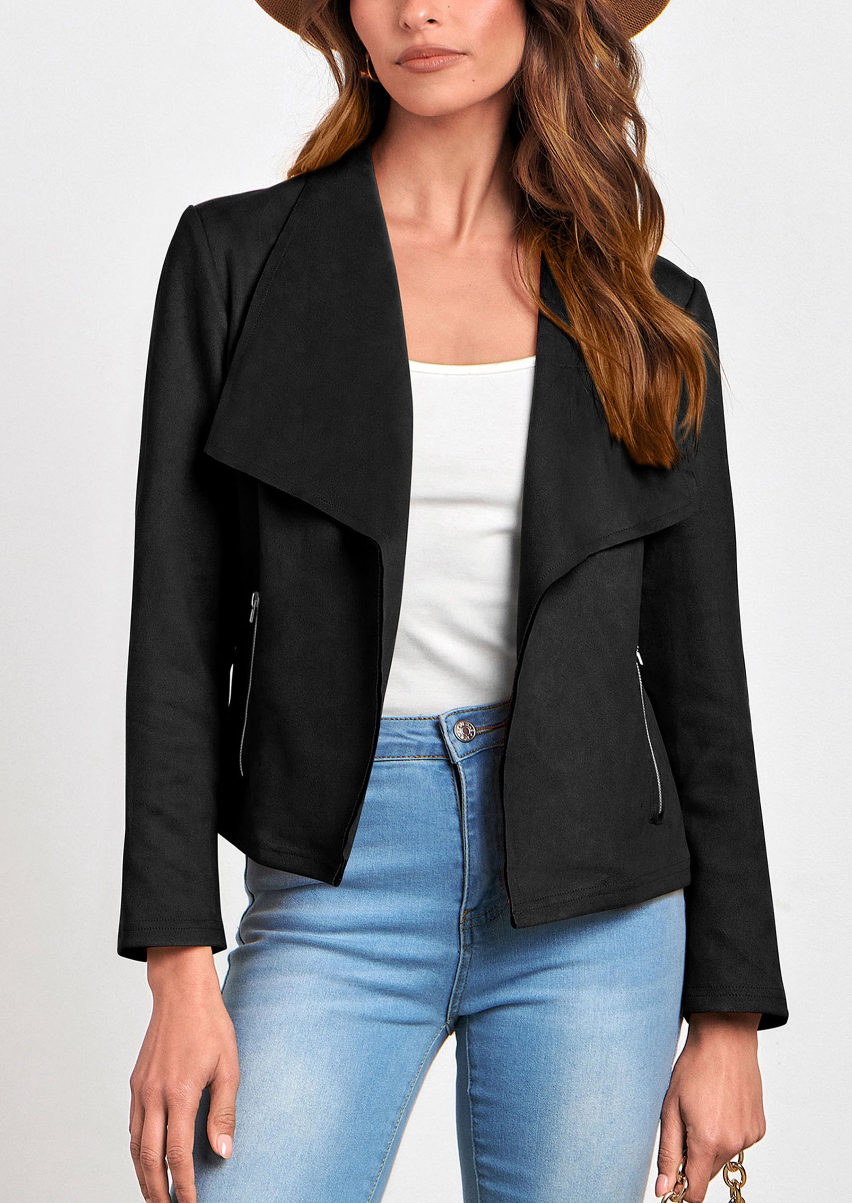 PRETTYGARDEN Women's Faux Suede Jackets Fashion Fall Clothes Long Sleeve Open Front Cropped Coat Outwear