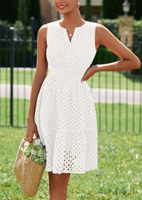 PRETTYGARDEN Women's Summer Dresses Sleeveless V Neck Eyelet Hollow Out Swing A Line Beach Vacation Sun Dress