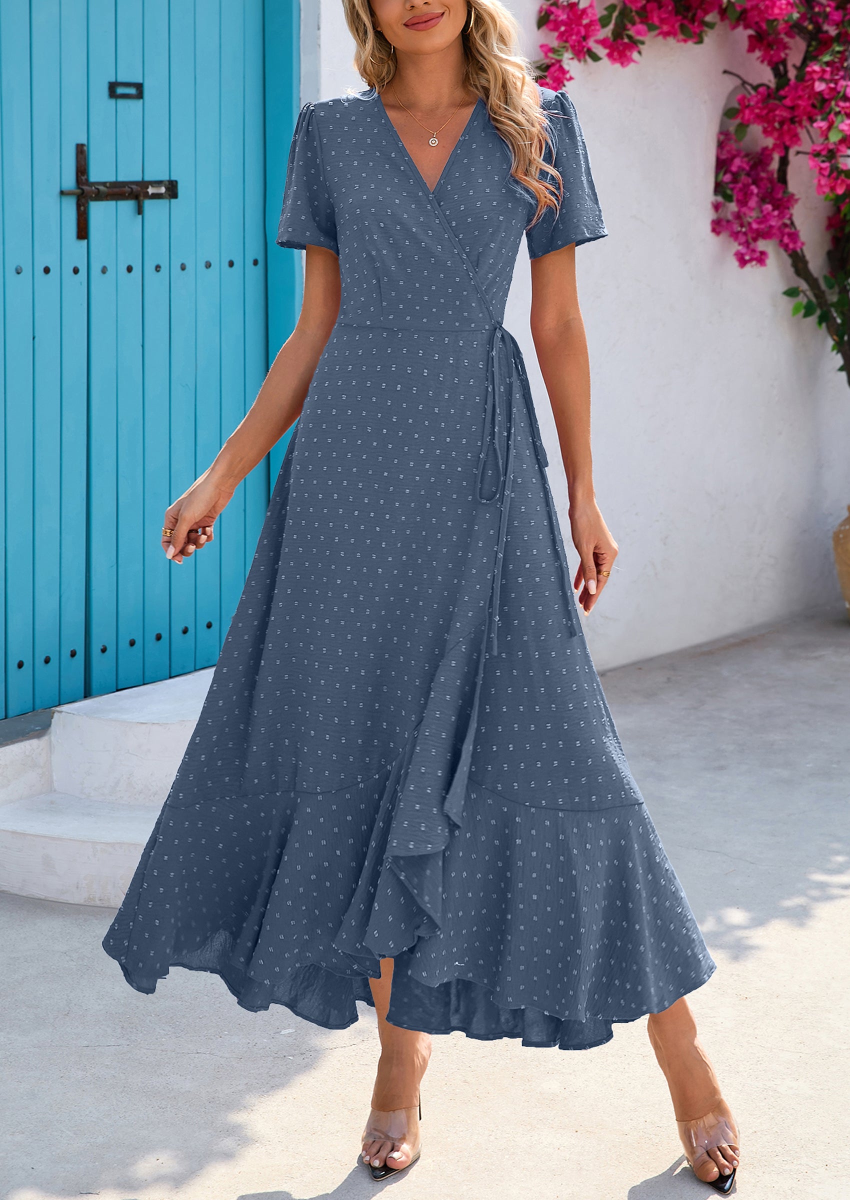 PRETTYGARDEN Women's Summer Maxi Dress Casual Wrap Floral Boho Short Sleeve V Neck Split Ruffle Beach Long Dresses