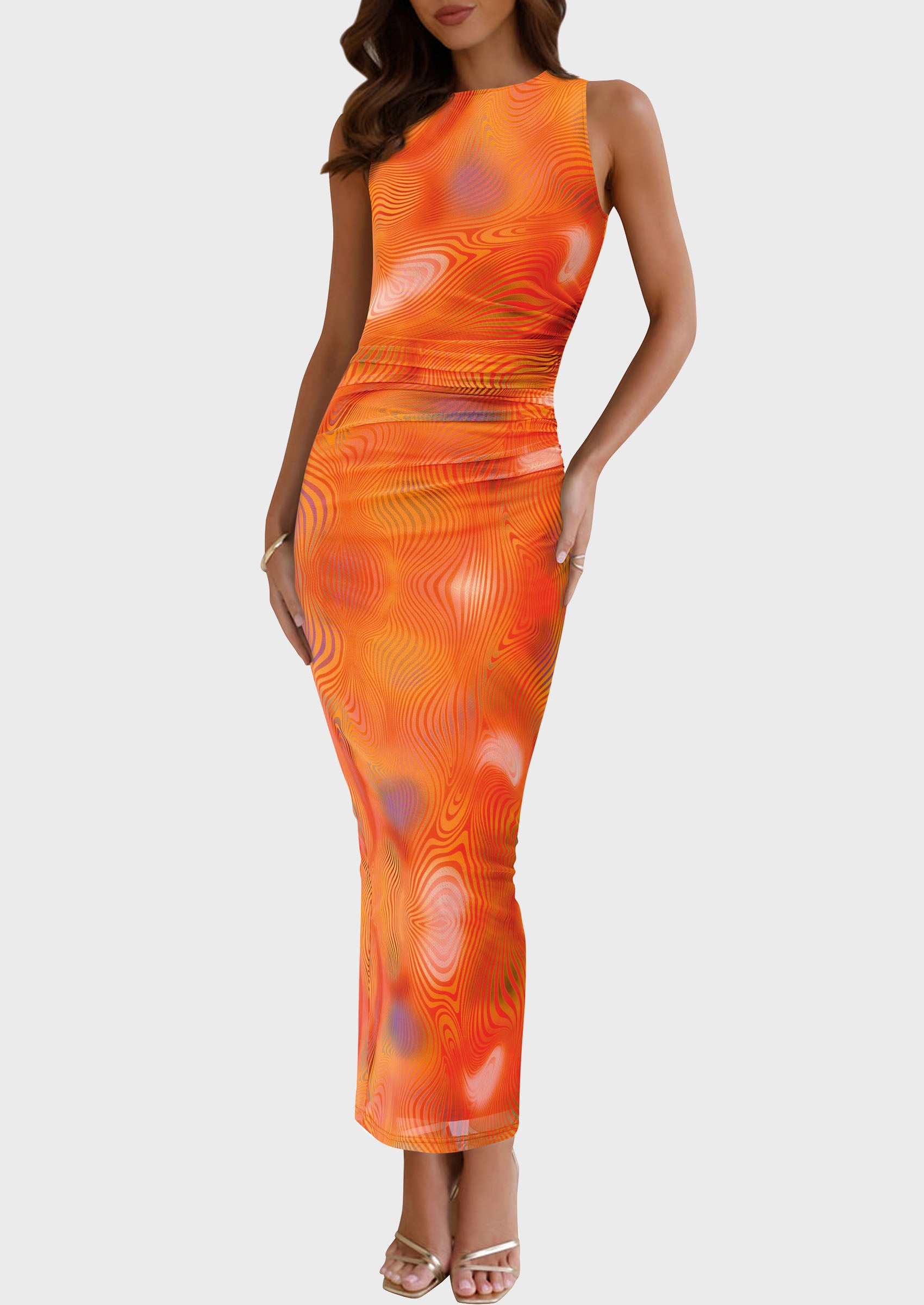 PRETTYGARDEN Wedding Guest Dresses for Women Spring Floral Bodycon Sleeveless Mesh Maxi Long Dress