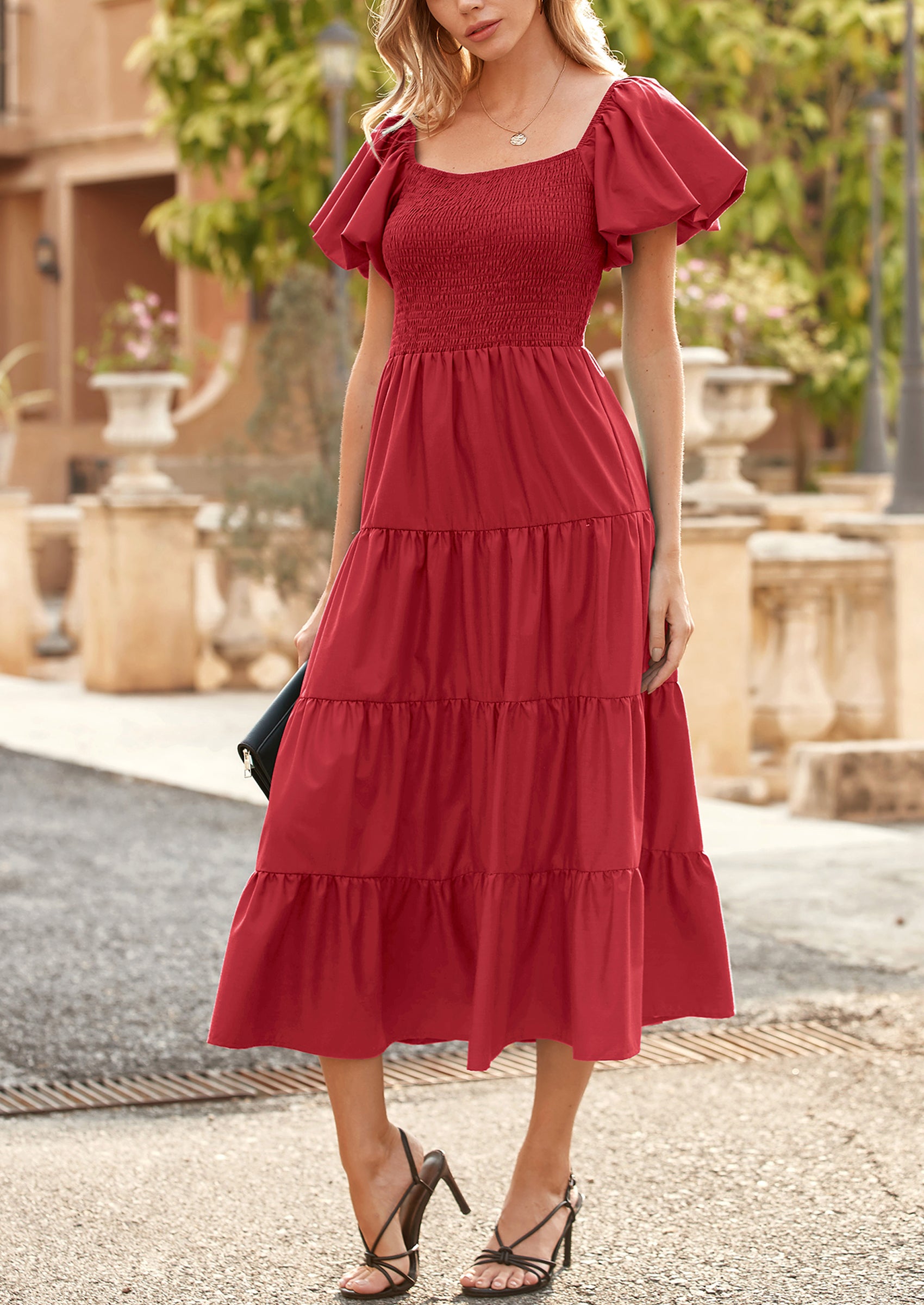 PRETTYGARDEN Women's Summer Casual Midi Dress Puffy Short Sleeve Square Neck Smocked Tiered Ruffle Dresses