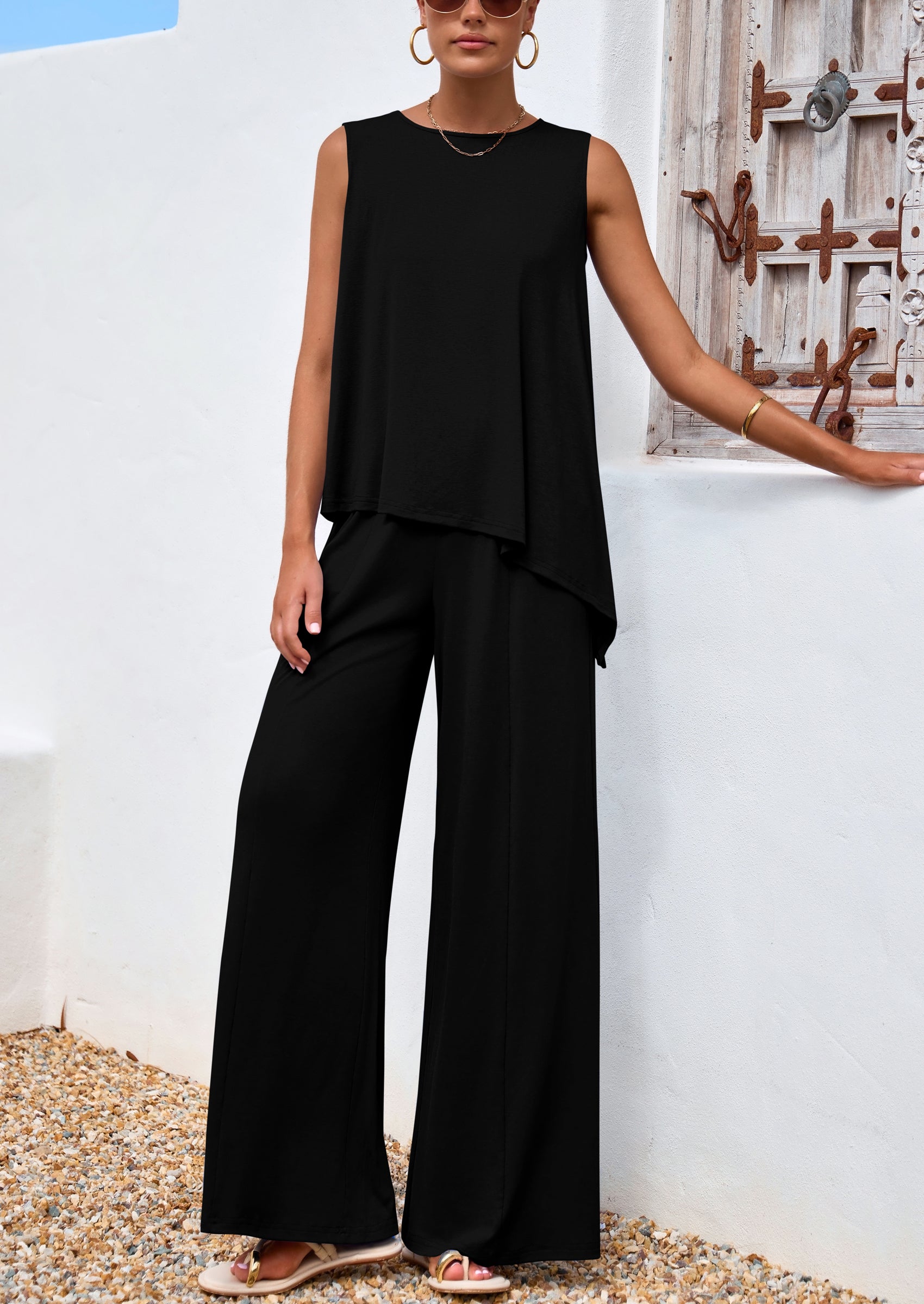 PRETTYGARDEN Women's Two Piece Matching Lounge Sets Asymmetrical Split Tank Tops Wide Leg Pants Summer Outfits Tracksuit