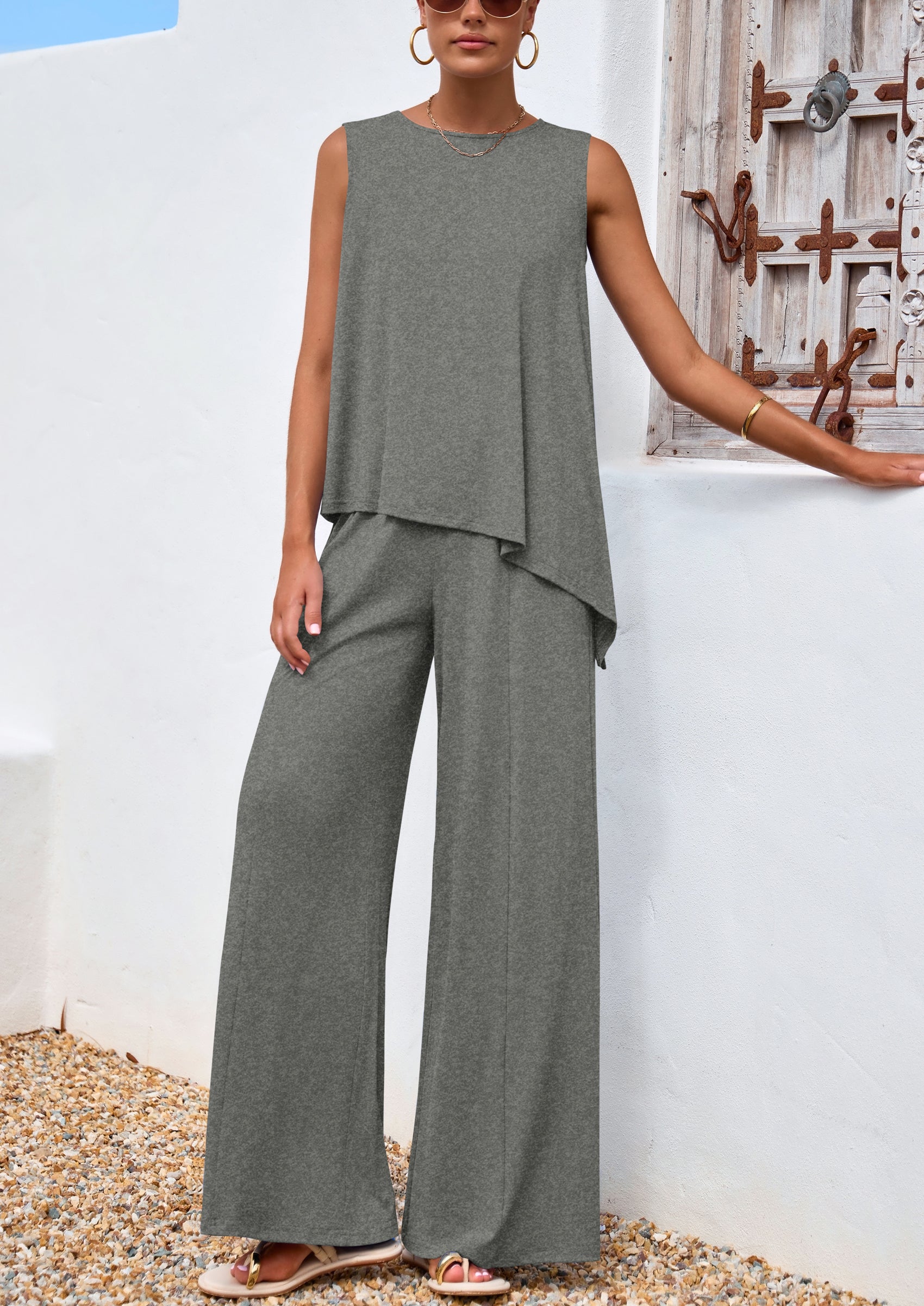 PRETTYGARDEN Women's Two Piece Matching Lounge Sets Asymmetrical Split Tank Tops Wide Leg Pants Summer Outfits Tracksuit